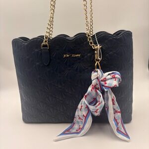 Betsey Johnson Navy Blue Quilted Shell Tote Bag Scalloped Lobster Scarf LBTOTE